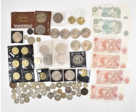 British and world coinage and banknotes to include crowns, offside rule 50 pence, Swiss, American, 1951 German 5 Deutsche Mar