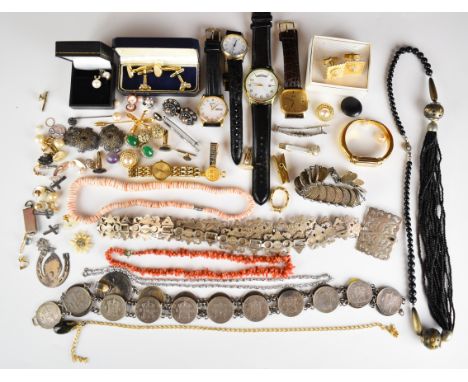 A collection of jewellery and watches including Raymond Weil watch, coral necklace, silver earrings set with a pearl, silver 