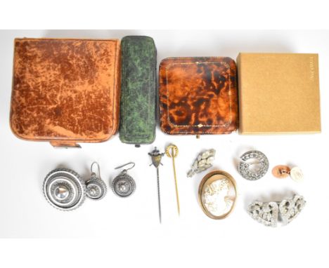 A collection of jewellery including Victorian silver brooch and matching earrings, 9ct gold cameo brooch (12g), metamorphic p