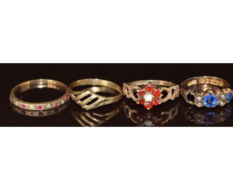 Four 9ct gold rings, one set with garnet and opal and one with rubies and diamonds, etc, 5.6g, size K, L, O &amp; M