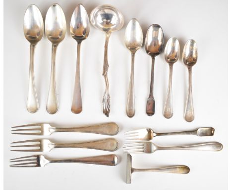 Mainly Dutch silver cutlery comprising four various forks, sauce ladle, matching spoon and fork, three dessert spoons and thr