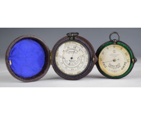 Dolland London pocket barometer with curved thermometer to dial, together with a similar Barrett &amp; Sons damp bed detector