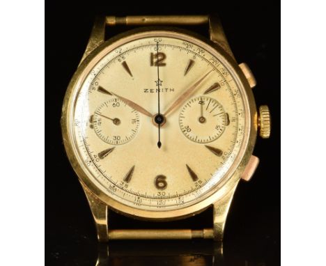 Zenith 18ct gold gold gentleman's chronograph wristwatch with gold hands and hour markers, blued centre seconds hand, champag