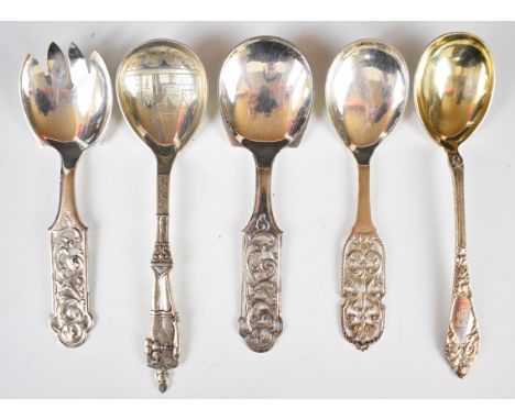 Five Norwegian 830 grade silver serving spoons one with figural handle and named Olav to stem, makers include F. Morken and K