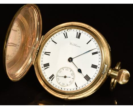 Waltham gold plated keyless winding full hunter pocket watch&nbsp;with inset subsidiary seconds dial, blued hands, black Roma