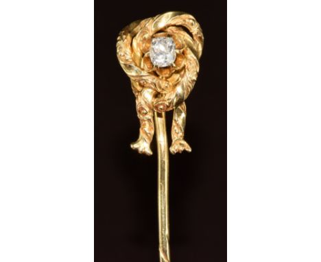 Victorian yellow metal stick pin set with an old cut diamond of approximately 0.15ct&nbsp;in a bow setting, in antique box, 4