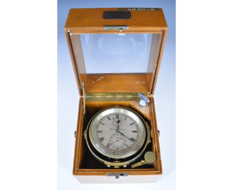 Thomas Mercer two day marine chronometer no 21778 with silvered dial, in original wooden case with key. The case has a plaque