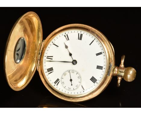 Waltham gold plated&nbsp;keyless winding half hunter pocket watch with subsidiary seconds dial, blued hands, black Roman nume