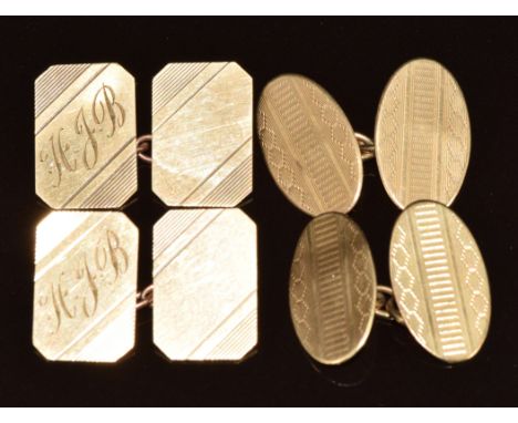 Two pairs of 9ct gold cufflinks, one pair with engine turned decoration, 8.7g