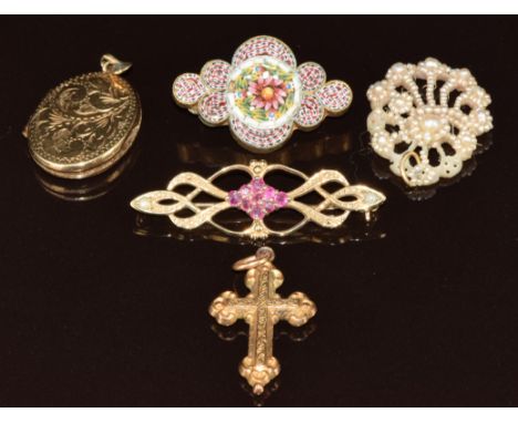 A c1900 micro mosaic brooch, 9ct gold locket with engraved scrolling decoration (4.2g), 9ct gold brooch set with rubies and p