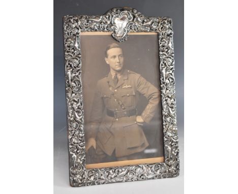 Large Victorian hallmarked silver photograph frame, to suit 12 x 6 inch photo, with pierced and embossed floral and bird deco