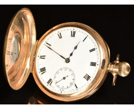 Unnamed 9ct gold keyless winding half hunter pocket watch&nbsp;with subsidiary seconds dial, blued hands, black Roman numeral