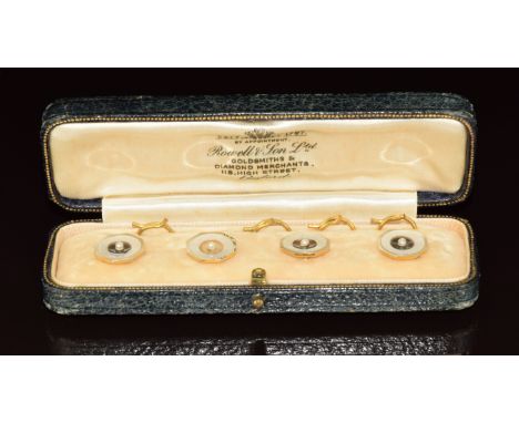 Four 9ct &amp; 18ct gold studs / buttons each set with mother of pearl and a seed pearl, in original Rowell &amp; Son, Oxford
