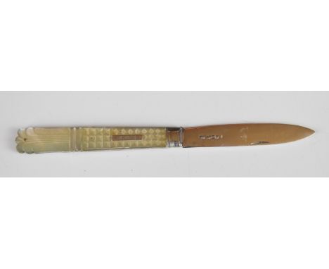 William IV hallmarked silver and mother of pearl folding fruit knife with carved and studded decoration to the handle, blade 