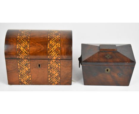 18th / 19thC brass inlaid rosewood tea caddy and a Tunbridgeware domed top two division tea caddy, largest W17.5 x D11 x H14c