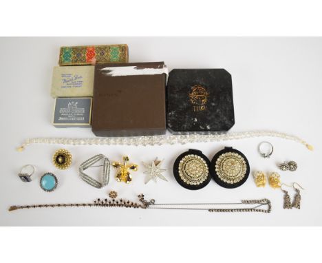 A collection of jewellery including two pairs of Victorian set paste earrings, crystal necklace, Trifari earrings, silver rin