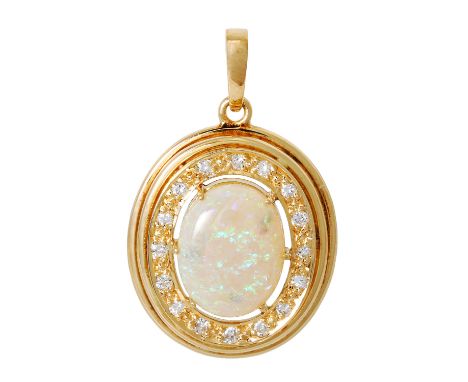 Anhänger mit Opal umgeben von Brillanten zus. ca. 0,16 ct, gute Farbe und Reinheit, GG 18K, 3,5 g, 2,7x1,7 cm, Ende 20. Jh., 