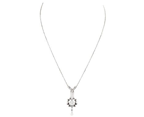 Jugendstilcollier mit Diamanten, 1x Altschliff ca. 0,5 ct, ca. LGW (I)/SI2, weitere kleine Diamanten zus. ca. 0,3 ct, abhänge