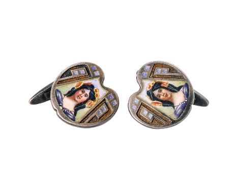 Jugendstil Manschettenknöpfe mit Emailportrait, Silber, 10 g, 16x14,5 mm, um 1900, mit Patina.| Art Nouveau cufflinks with en