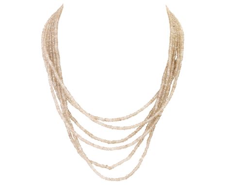 Collier de Chien, 6 Reihen farbloser Zirkon, Mittelteil (Schließe) aus GG/RG 14K besetzt mit hellen Citrinen, L: ca. 42 cm, 8