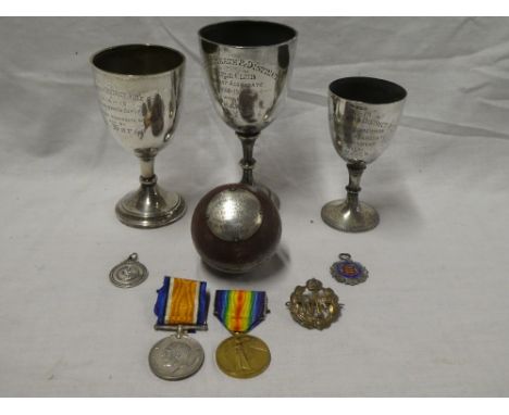 A pair of First War medals and related sporting trophies awarded to No.218263 1 AM  C.E.A. Hares RAF together with RAF cap ba
