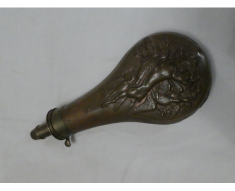 A 19th Century brass mounted copper powder flask decorated in relief with dead game