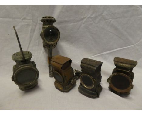 An old chromium-plated vehicle oil lamp, side lamp and three old metal rear lamps (5)  (af)