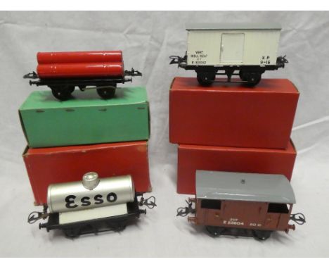 Hornby O gauge - four mint and boxed goods wagons including refrigerator van, brake van etc