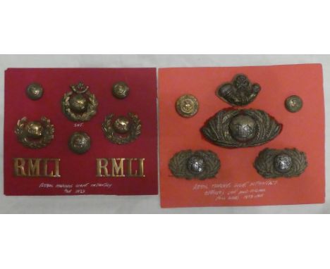 A collection of Royal Marine Light Infantry badges including Victorian officer's embroidered wire cap badge and collars, butt