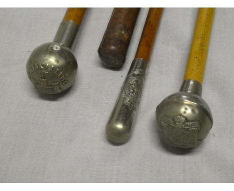 Three military swagger sticks with nickel tops including Victorian Devonshire Regt, Dorset Regt and Inniskilling Fusiliers an