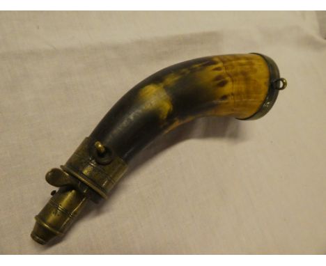 A 19th Century brass mounted cow horn Gunners priming powder flask 7" long