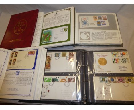 Five albums of first day covers including Kings and Queens of England, Royal Houses of Europe, Twelve Days of Christmas, 25th