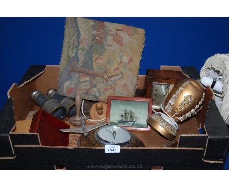 A quantity of miscellanea including barometers, small stool and lamp, etc.