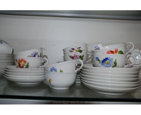 A vintage Nymphenburg, Germany part Teaset, fine hand-painted bone china 'Rococo' style with floral decoration and basket wea