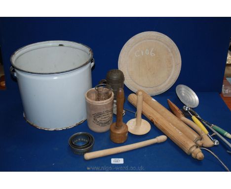 An old Flour bin and contents including bread board, rolling pin, flour sifter, nutmeg grater, etc.