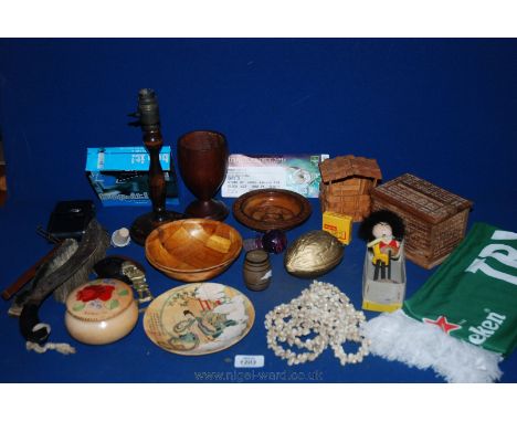A quantity of Treen items including Lamp base, Bowls, Goblet plus cast Walnut Crackers, Shell Beads, Heineken Scarf, etc.