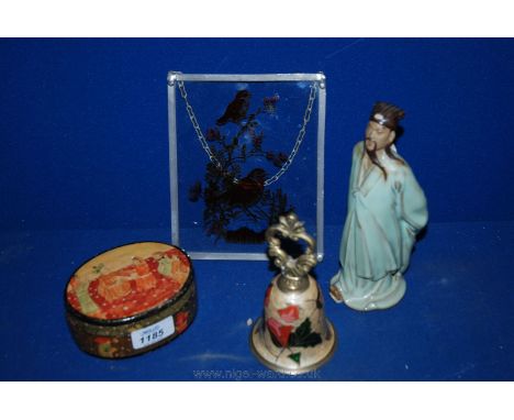 An enamel Bell, Papier Mache box, painted glass and Chinese figure