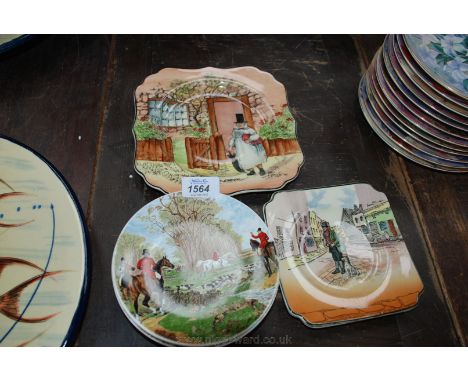 Six Poole picture Plates with hunting, beach scenes, etc., and three Royal Doulton seriesware Plates including two Pickwick 