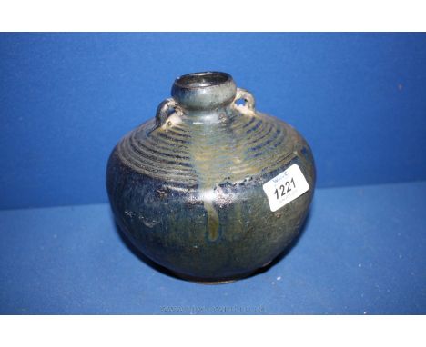 A very good Thai globular Jar, 14th-15th c., with two ring handles, incised banded decoration at the neck, the brown glaze fi