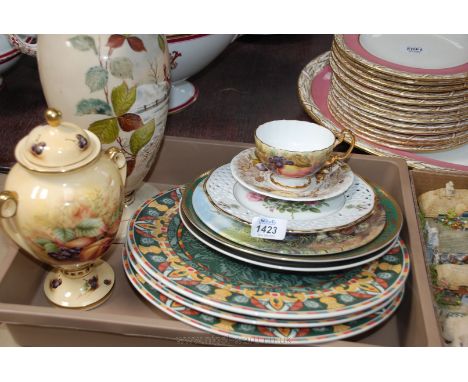 A quantity of china including display plates, Aynsley 'Orchard Gold' lidded vase, cup and saucer plus blush ground glass Vase