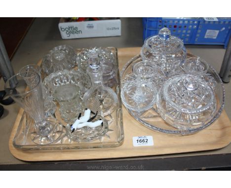 A Dressing Table Set comprising cut glass Pots, Chambersticks and Ring Tray on an oval tray plus other small glass items incl