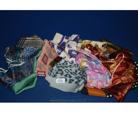 Ten vintage ladies Scarves, silk and chiffon, etc., in various colours and designs.