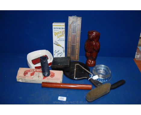 A quantity of miscellanea including cribbage score board, hand mirror, clothes brush, 'Quick Serve' bottle measure, Bear Mone