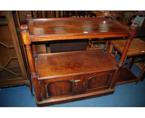 A Victorian Mahogany Buffet, reeded finials and gallery edge to the top tier supported on turned tapering fluted columns, gal