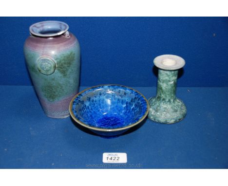 A studio Pottery Vase, 8'' high, in blue and green signed Conwy, Wales, a Candlestick, 4 1/2'' high together with small blue 