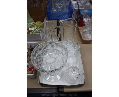 Five pieces of glass including tall jugs, swizzle stick and footed rose bowl, etc.