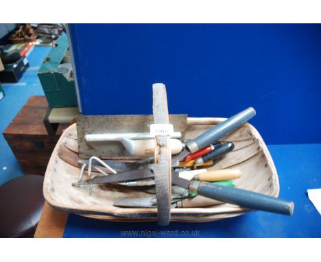 A garden Trug of gardener's and other tools including shears, scrapers, trowels, etc.