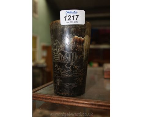An early 19th c. Horn Cup, finely engraved with a hunting scene and named for Thomas Bates. Base lacking base, 4 5/8'' approx