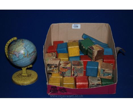 A quantity of children's vintage wooden building Blocks with Chad Valley metal children's globe