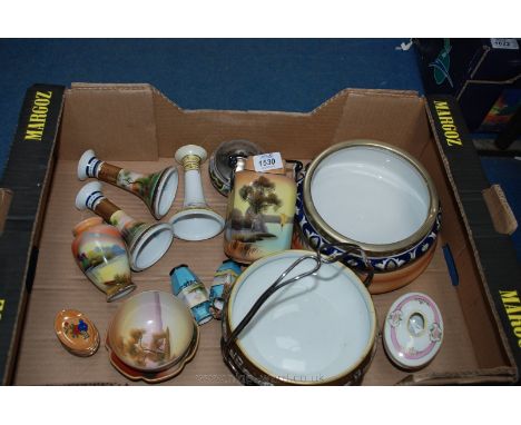 A quantity of vintage Noritake pieces including large rimmed bowl with desert scene, pair of miniature vases, salts, candlest